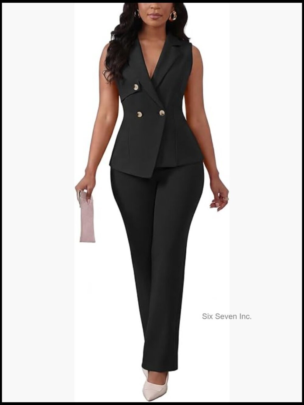 2-Piece Pantsuit Set V-Neck Sleeveless Vest Blazer Wide Leg Pants Business